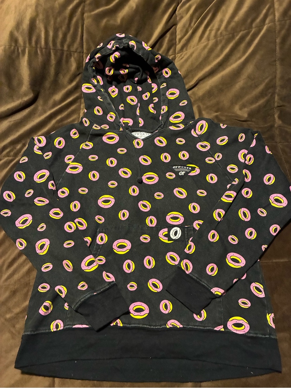 Odd Future, OFWGKTA Donut-Print Black Hoodie with Pink & Yellow Accents, medium